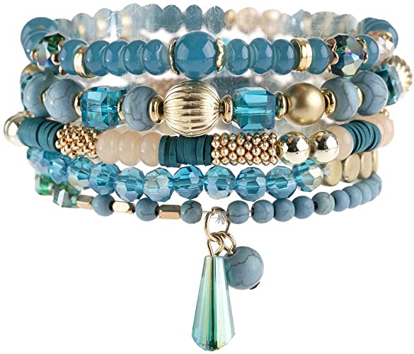 Natural Stone Wood Bead Stackable Stretch Strand Cuff Bangles Sparkly Crystal RIAH FASHION Bohemian Beaded Multi Layer Versatile Statement Bracelets 
